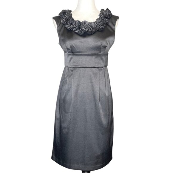 London Times Womens Black Stretch Sheath Sleeveless Back Zip Ruffle Trim Dress - Picture 1 of 7